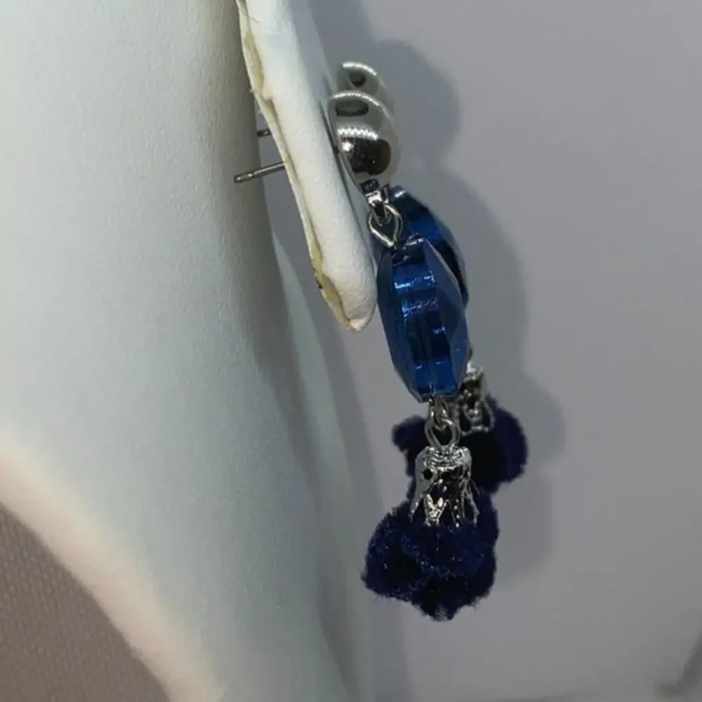 Silver-Tone Blue Beaded & Pom-Pom Dangle Earrings